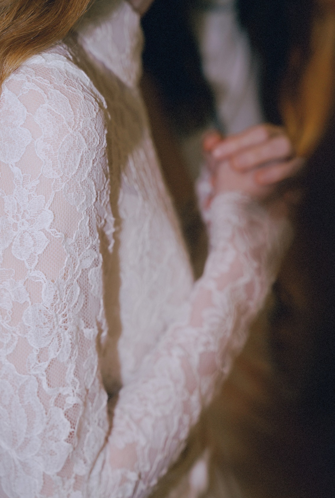 A close-up of lace from the Psyche and Eros runway film